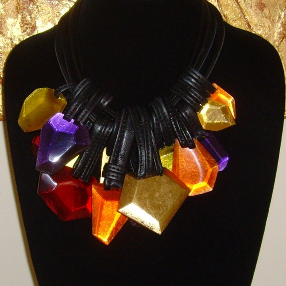 MONIES Leather and Multi-Colored Lucite Stone Statement Necklace - Picture 3 of 16